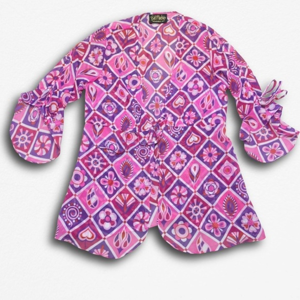 Bob Mackie Wearable Art Pink Purple Floral‎ Geometric Tie Waist Chiffon Top M